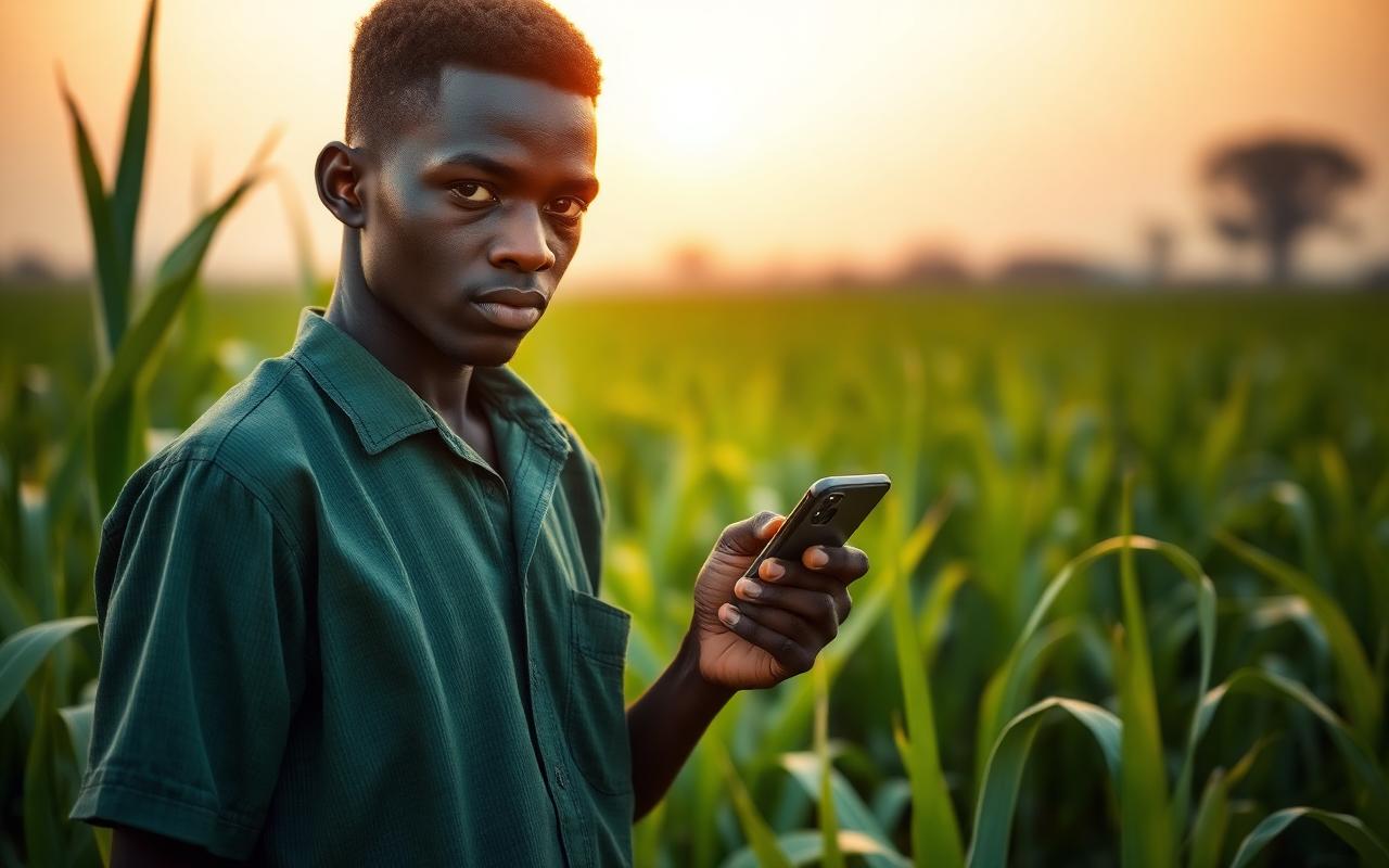 Young Nigerian farmer in a millet field holding a smartphone