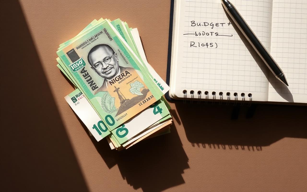 Stack of Nigerian naira notes beside a handwritten budget notebook