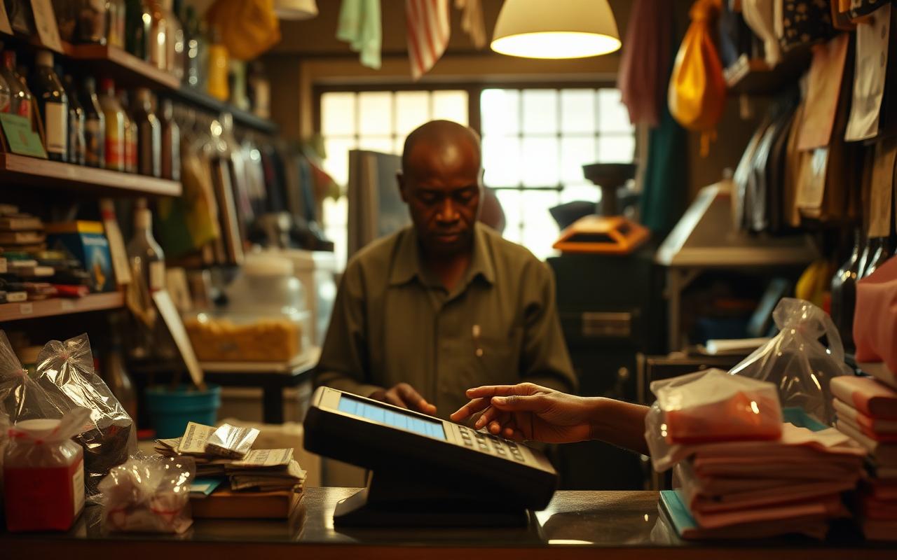 Nigerian SME owner managing his shop with a POS terminal