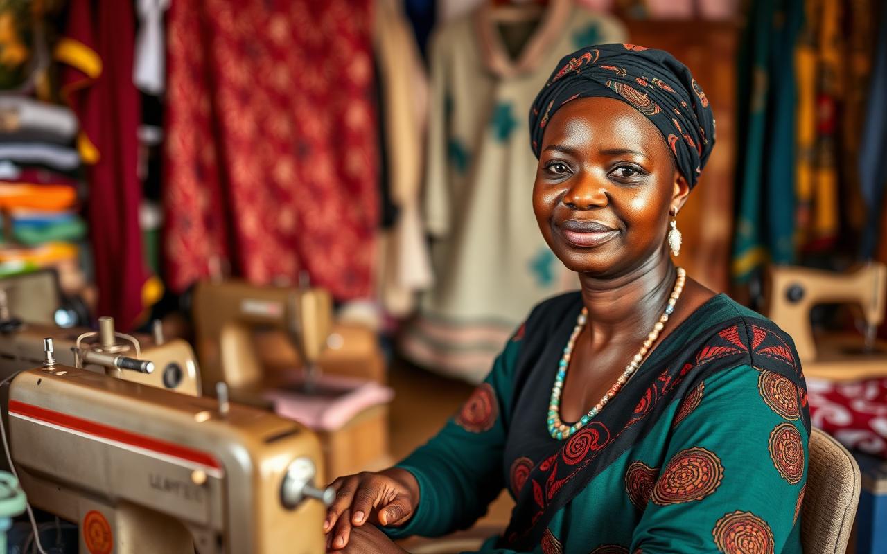 Nigerian woman entrepreneur in her tailoring workshop